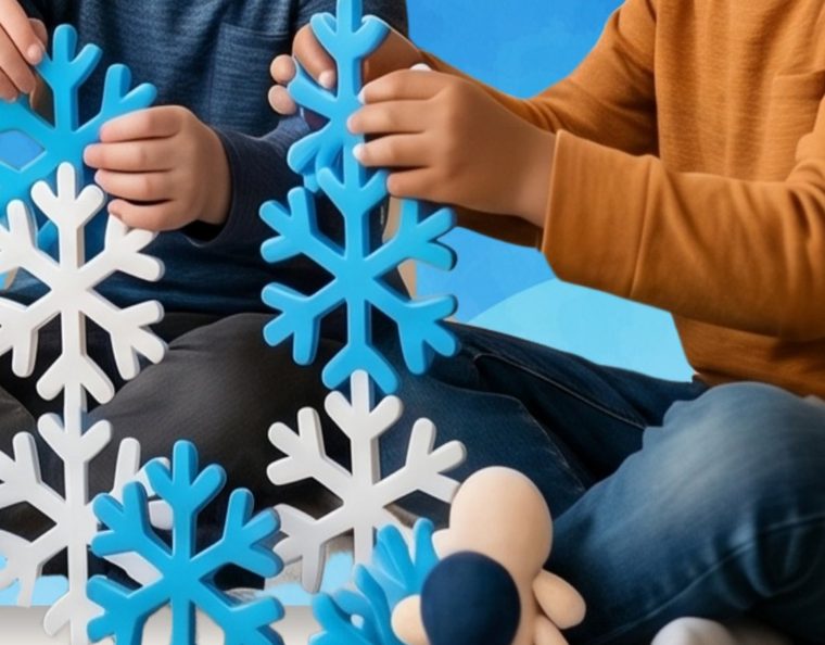 Small hands fitting snowflake tiles together during a session