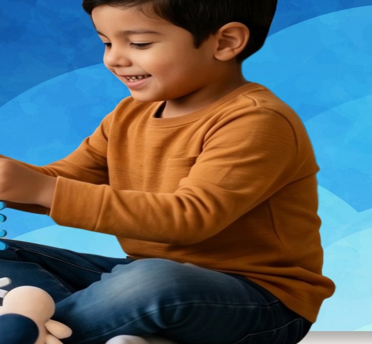 A child reaching for a snowflake tile, mid-play