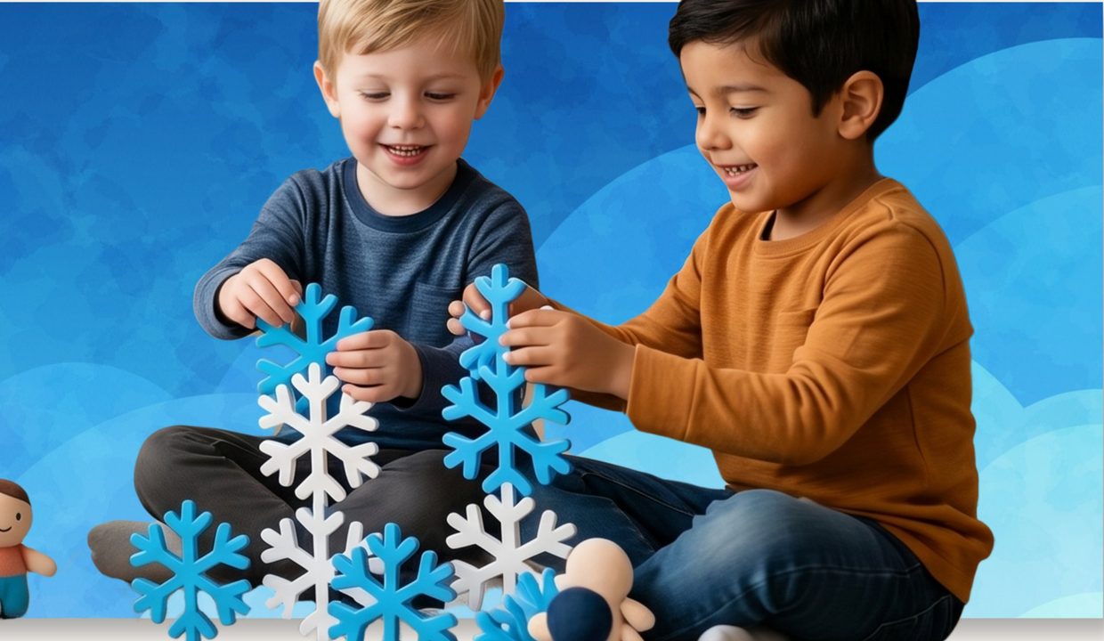 Two young boys sitting together on the floor, smiling as they build a pattern from large snowflake tiles