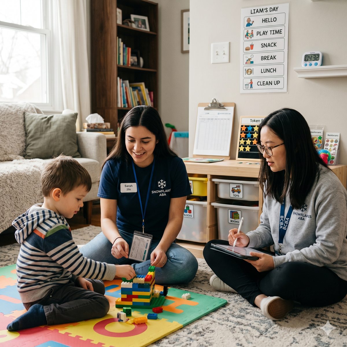 A Snowflakes ABA behavior technician and a BCBA working with a young boy on the floor of his living room, building with blocks beside a visual daily schedule and a token board